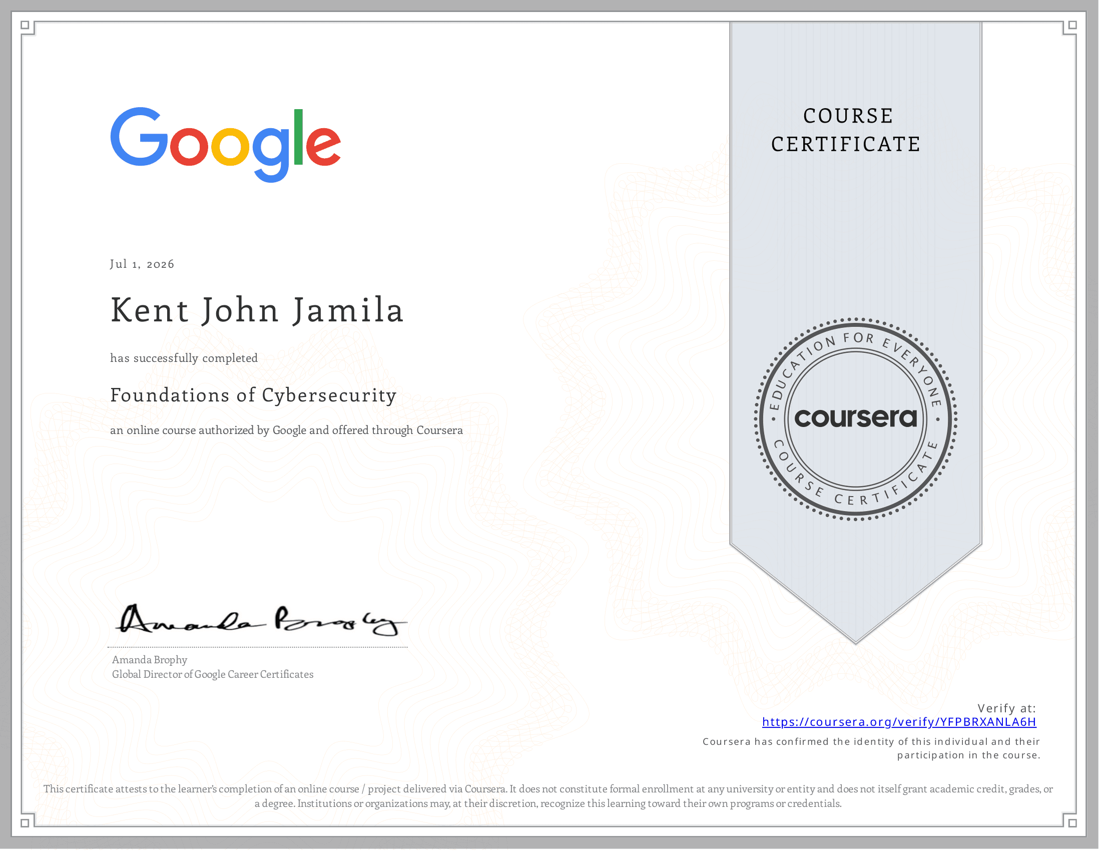 Cybersecurity Foundation certificate